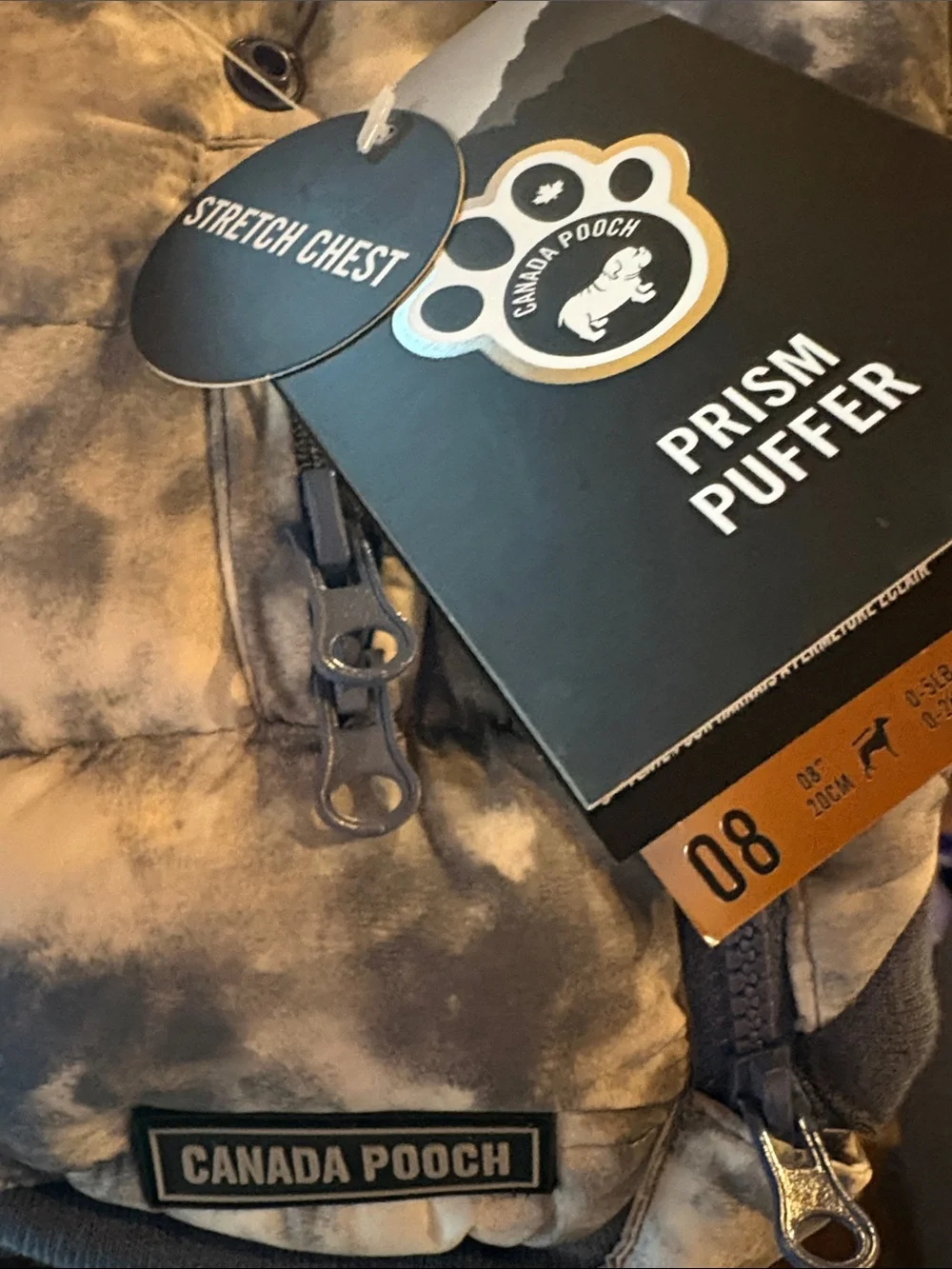 NWT Canada Pooch Prism Puffer Dog Jacket Grey Tie Dye Streetwear Gorpcore Sz 8